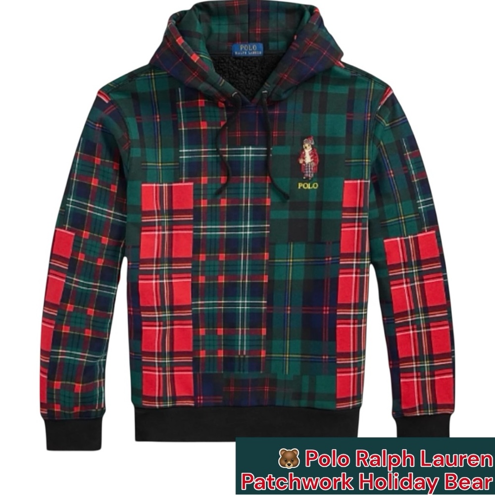 Polo by Ralph Lauren Multicolor Patchwork Hi-Pile Fleece Hoodie Holiday Bear MD